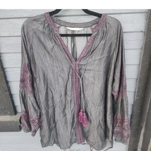 Boho Black Chambray Sz Large Long Sleeve Purple  Embroidered Blouse